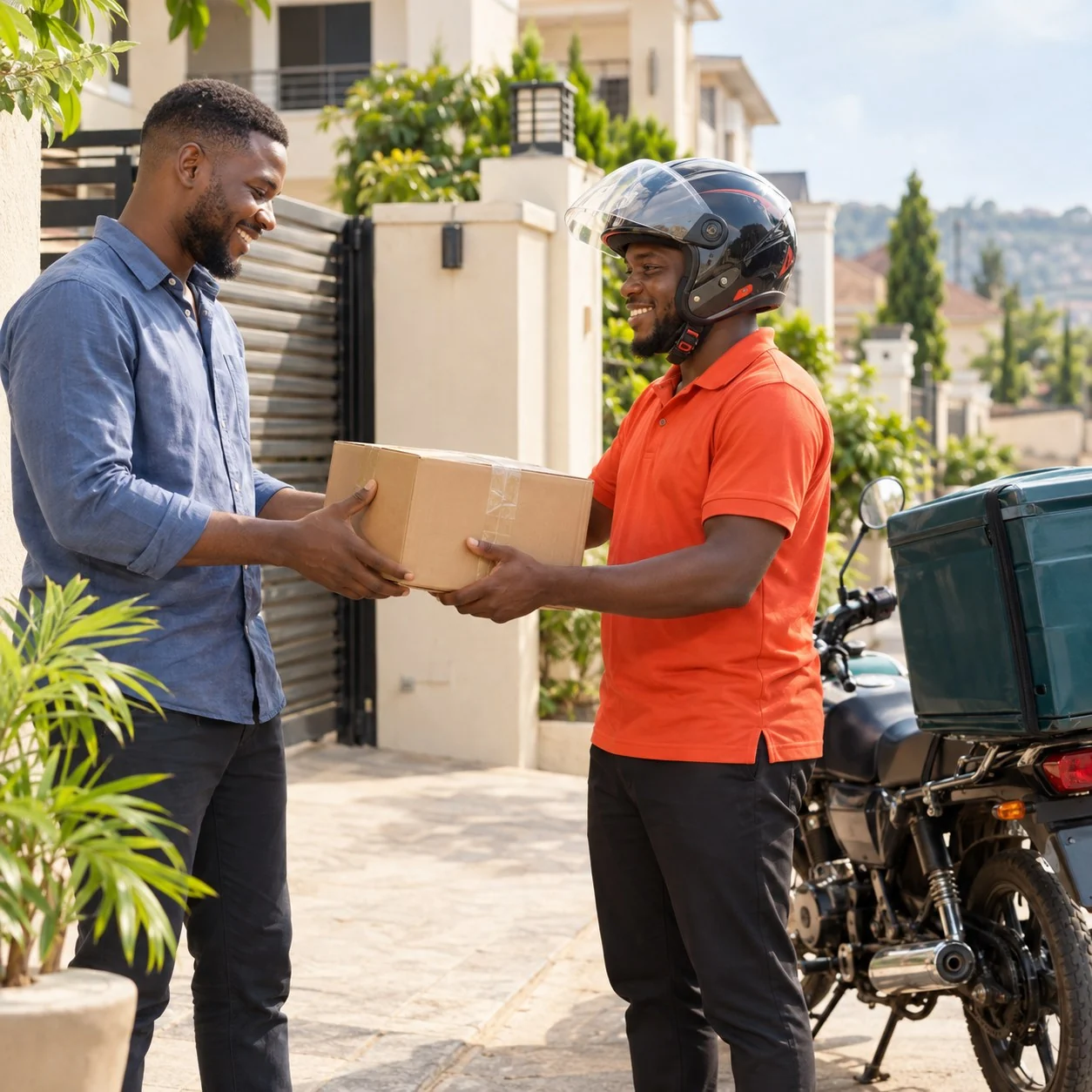 A QuickDrop rider hands a parcel to a customer